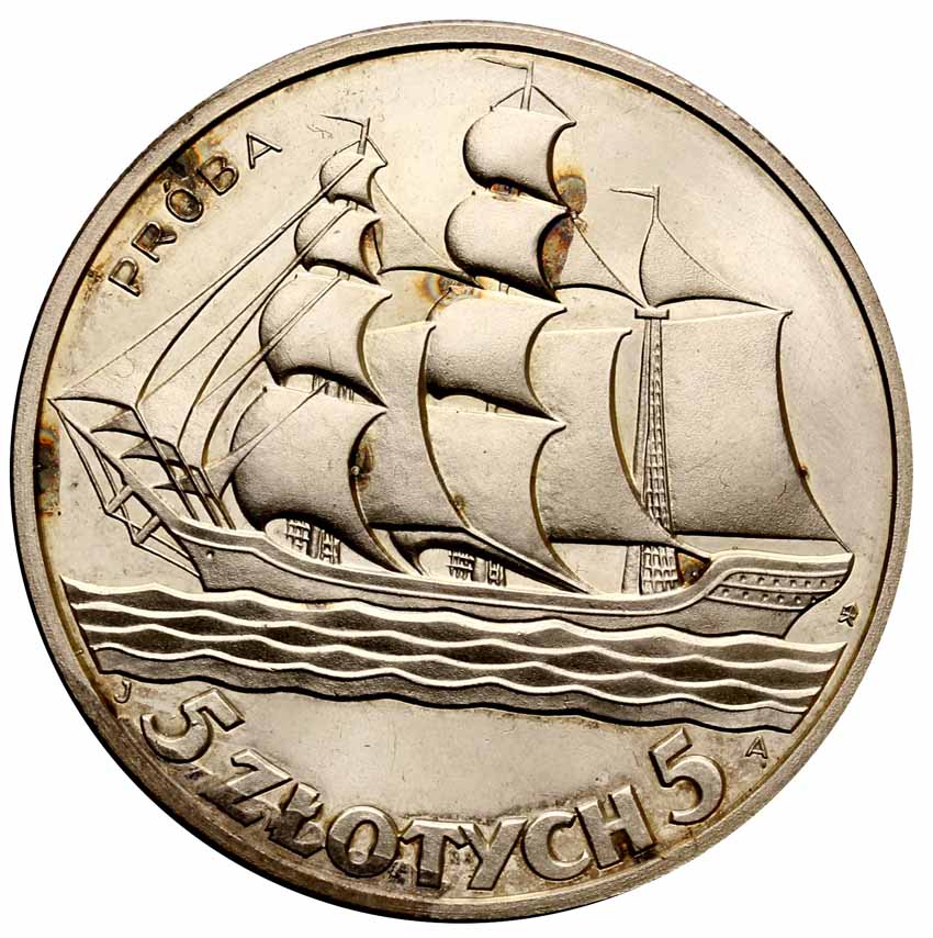 II RP 5 złotych 1936, żaglowiec, PRÓBA, srebro z kolekcji Włodzimierza Głuchowskiego